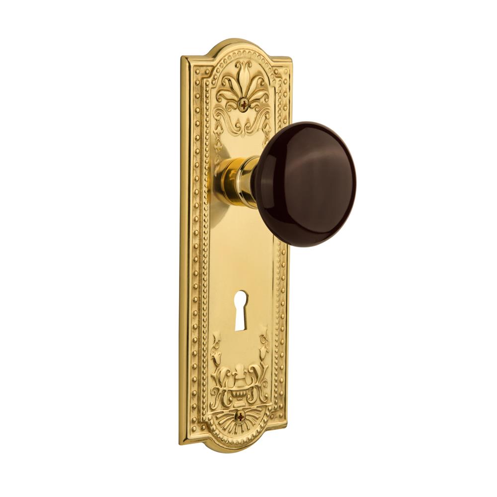 Nostalgic Warehouse MEABRN Double Dummy Knob Meadows Plate with Brown Porcelain Knob and Keyhole in Unlacquered Brass